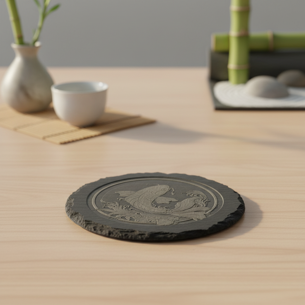 Koi Fish Sun Slate Coaster in Zen Setting