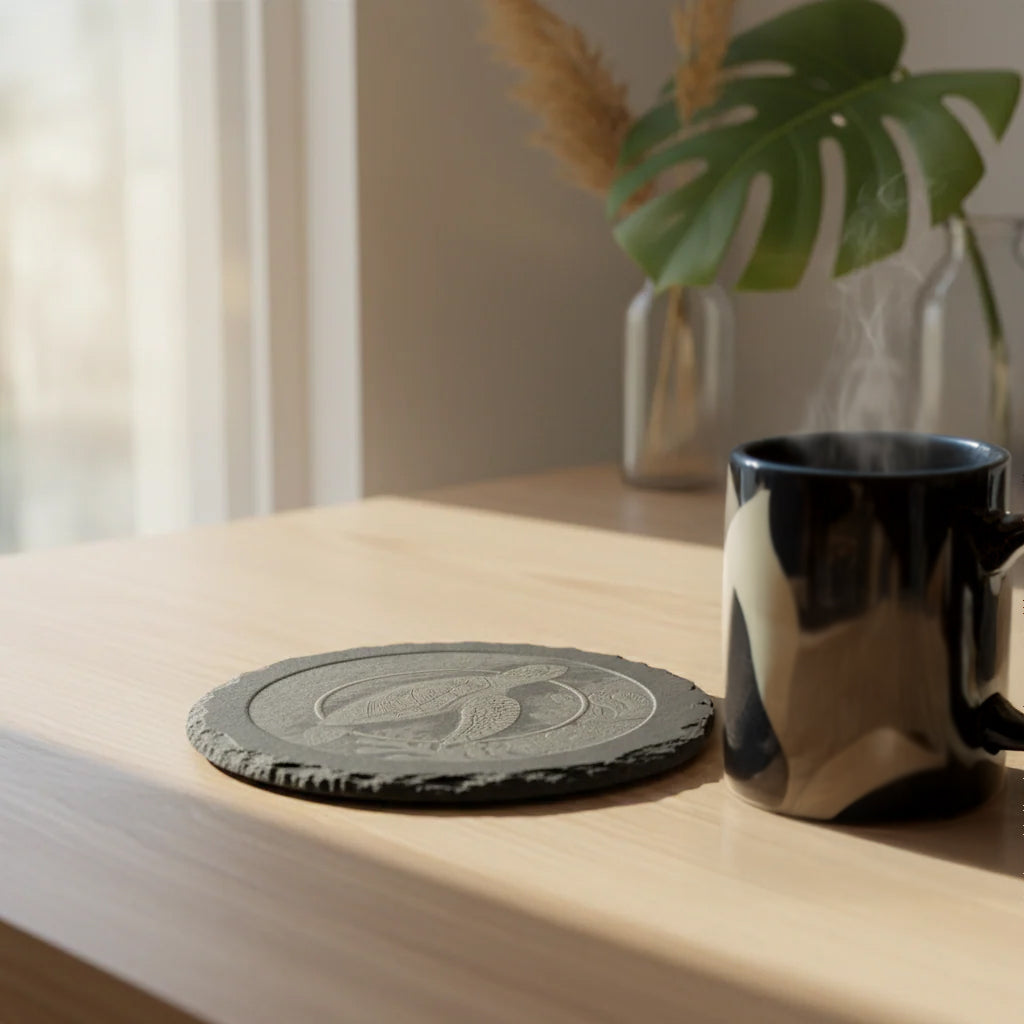 sea turtle coaster that is engraved next to a warm mug for your everyday use